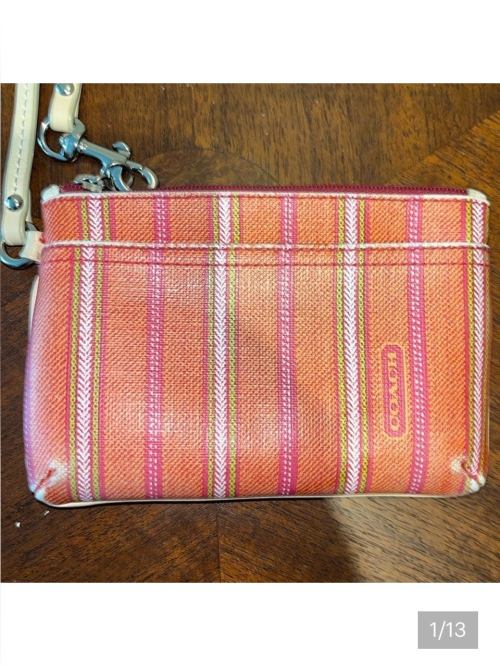 Coach  Vintage wristlet  coated canvas stripe Orange pink sage white/tan leather